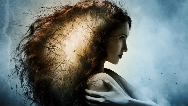 Woman hairloss blue background bird free wallpaper for desktop - medium preview image