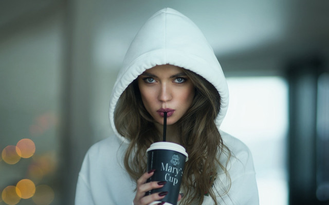 Woman white hoodie drinking bubble free wallpaper for desktop - medium preview image