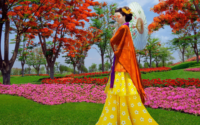 Woman yellow orange kimono garden free wallpaper for desktop - medium preview image