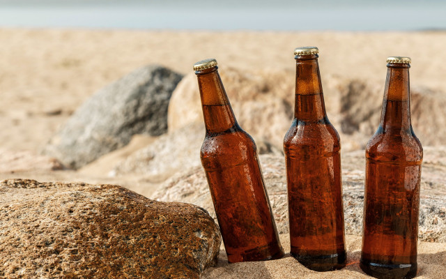 Three brown bottles beach rock free wallpaper for desktop - medium preview image