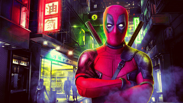 Deadpool man neon cityscape cyberpunk free wallpaper for desktop - medium preview image