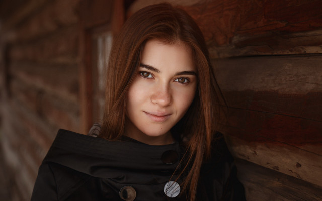 Woman longhair blackjacket logcabin portrait free wallpaper for desktop - medium preview image