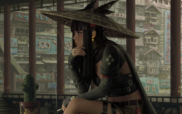 Woman cyberpunk fantasy urban library free wallpaper for desktop - medium preview image