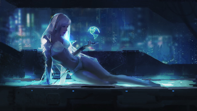 Futuristic city woman glass ball free wallpaper for desktop - medium preview image