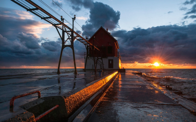 Red house pier ocean sunset free wallpaper for desktop - medium preview image