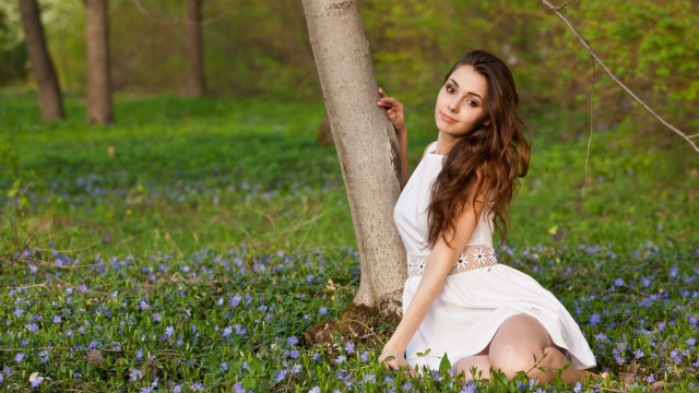 White dress blue flower field free wallpaper for desktop - medium preview image
