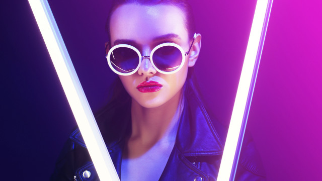 Woman sunglasses lightsaber purple background free wallpaper for desktop - medium preview image
