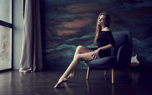 Woman sitting chair cloud cat free wallpaper for desktop - medium preview image