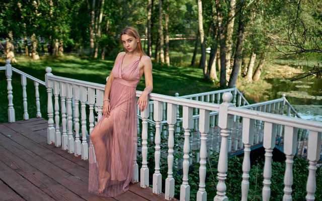 Pink dress woman porch river free wallpaper for desktop - medium preview image