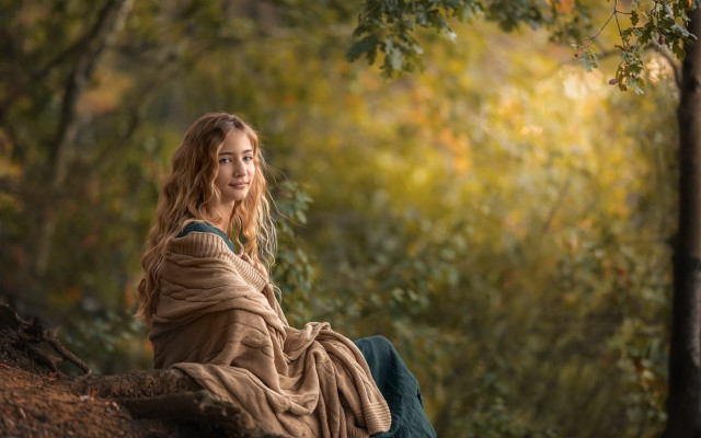 Woman forest sitting blanket blonde free wallpaper for desktop - medium preview image