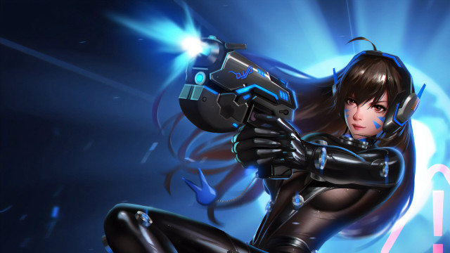 Woman black catsuit gun blue free wallpaper for desktop - medium preview image