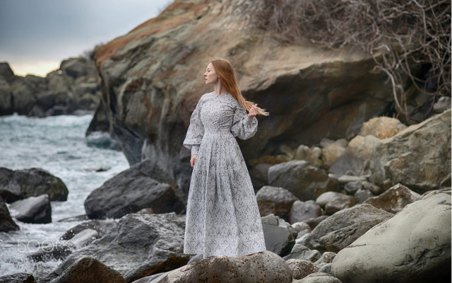 Woman rocks ocean dress nature free wallpaper for desktop - medium preview image