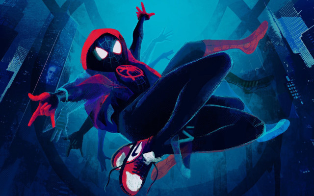 Spiderman flying city night glowing free wallpaper for desktop - medium preview image