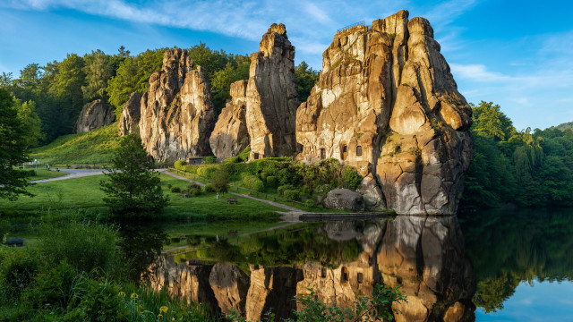 Romantic lake rocks trees path free wallpaper for desktop - medium preview image