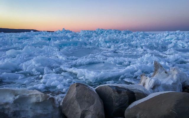 Ice water rocks dawn landscape free wallpaper for desktop - medium preview image