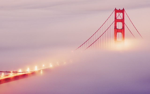 Foggy bridge lights volumetric sunset free wallpaper for desktop - medium preview image