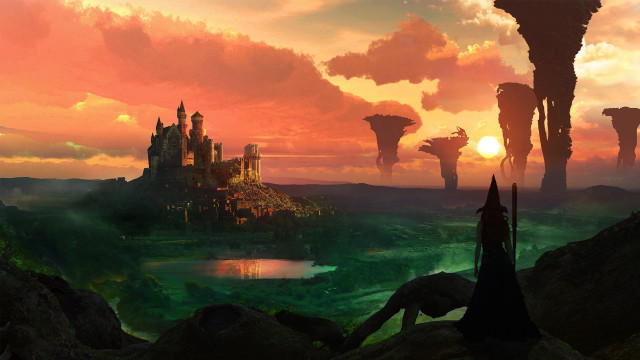 Fantasy castle lake sunset clouds free wallpaper for desktop - medium preview image