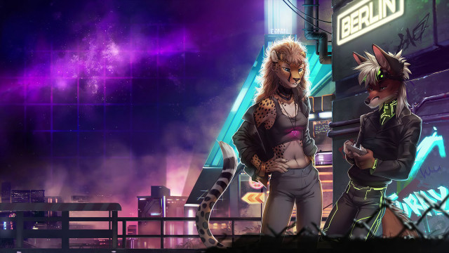 Cyberpunk two furry cat girls free wallpaper for desktop - medium preview image