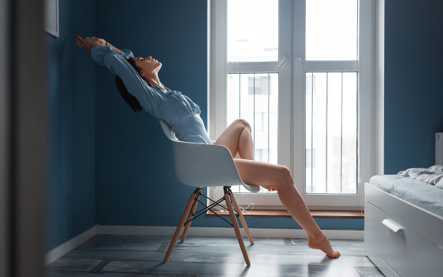 Woman chair window legs up free wallpaper for desktop - medium preview image