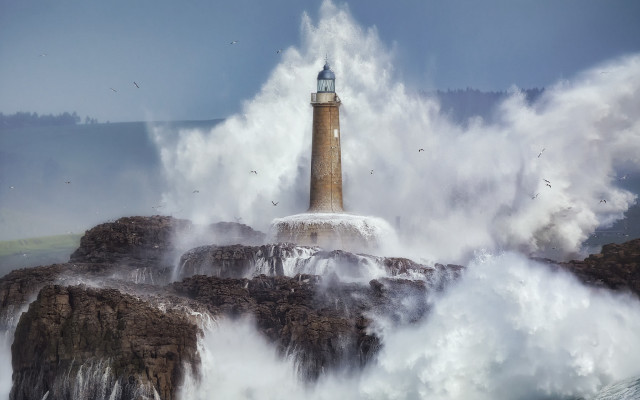 Lighthouse wave cliff precisionism microscopic free wallpaper for desktop - medium preview image