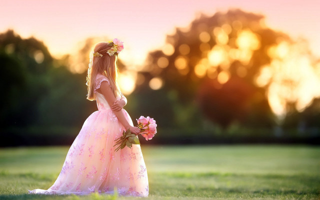 Pink dress bouquet field sunset free wallpaper for desktop - medium preview image
