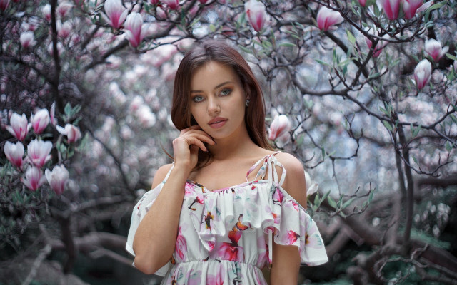 Woman pinkflowers portrait nature spring free wallpaper for desktop - medium preview image