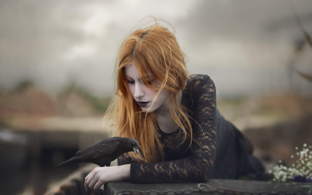 Gothic portrait redhair blackdress bird free wallpaper for desktop - medium preview image