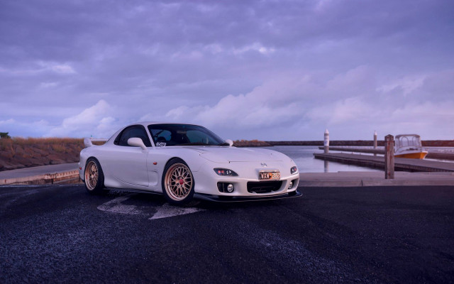White sports car dusk water free wallpaper for desktop - medium preview image