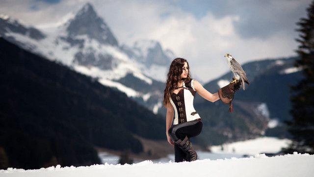 Woman bird snow mountains fantasy free wallpaper for desktop - medium preview image