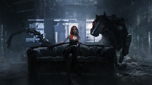 Woman couch dog demon fantasy free wallpaper for desktop - medium preview image