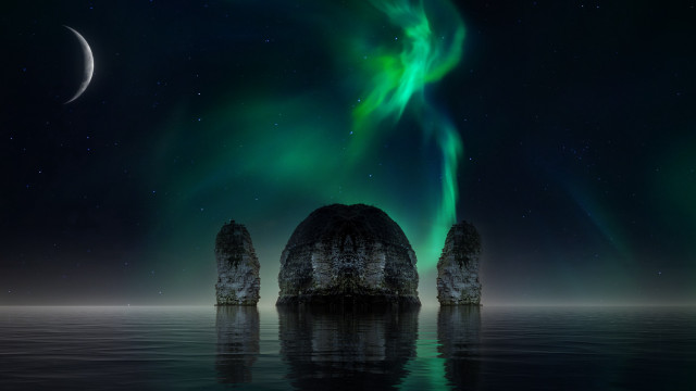Aurora borealis moon reflection starry free wallpaper for desktop - medium preview image