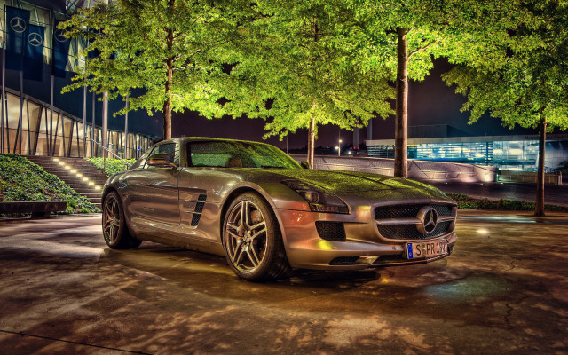 Mercedes sls night building tiltshift free wallpaper for desktop - medium preview image