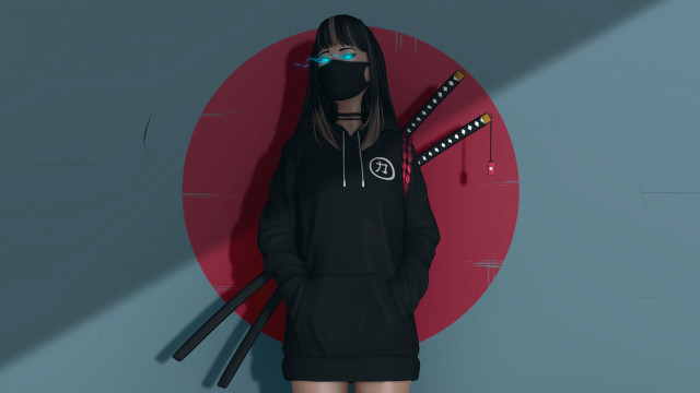 Woman hoodie mask swords circular free wallpaper for desktop - medium preview image