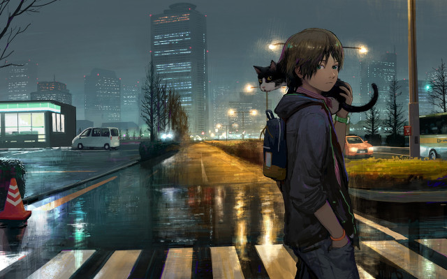 Night city street cat hoodie free wallpaper for desktop - medium preview image
