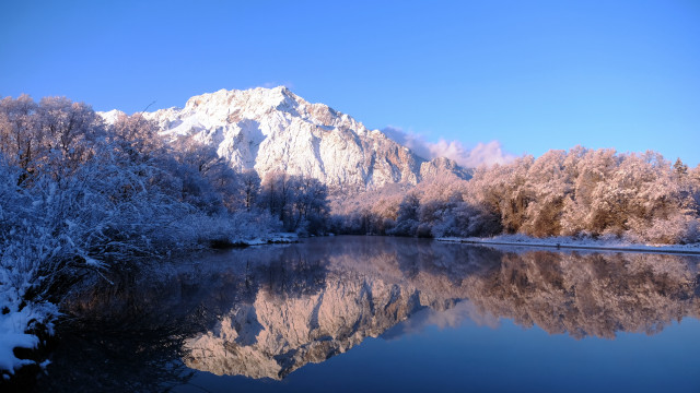 Mountain reflection winter blossoms calm free wallpaper for desktop - medium preview image