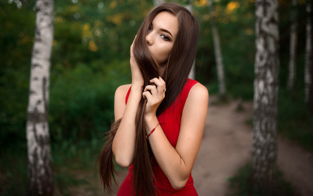 Woman red dress woods romantic free wallpaper for desktop - medium preview image