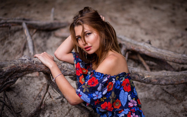 Woman blue dress red flowers free wallpaper for desktop - medium preview image