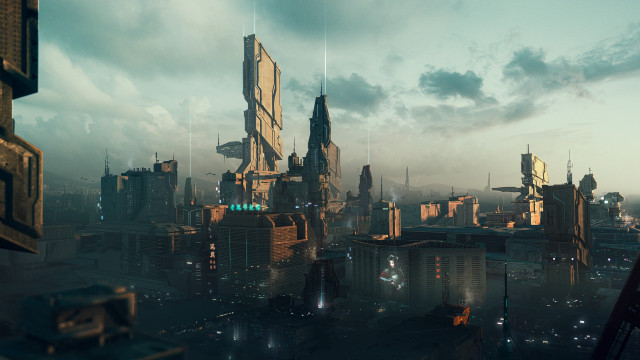 Futuristic cityscape retrofuturism mattepainting cedricpeyravernay free wallpaper for desktop - medium preview image