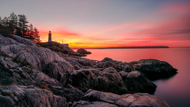 Lighthouse rocky shore sunset red free wallpaper for desktop - medium preview image