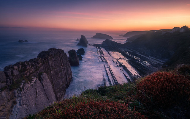 Sunset rocky coastline lighthouse beautiful free wallpaper for desktop - medium preview image