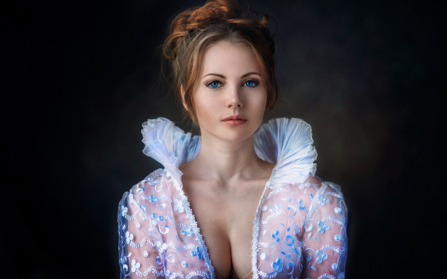 Woman blueeyes whitedress photorealistic digitalart free wallpaper for desktop - medium preview image