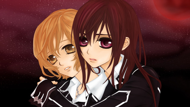 Anime characters hugging red moon free wallpaper for desktop - medium preview image