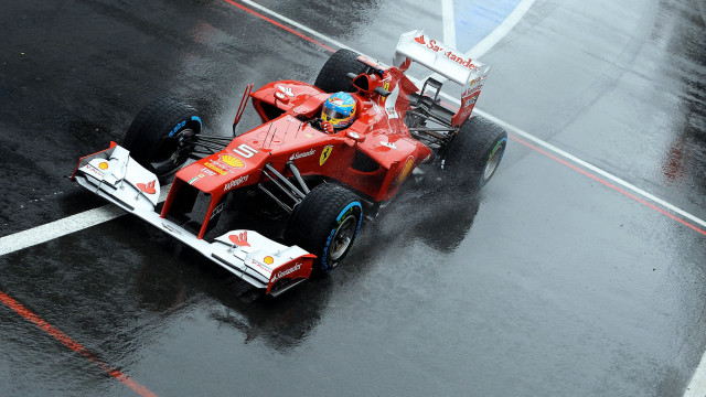 Red racecar wet track rain free wallpaper for desktop - medium preview image