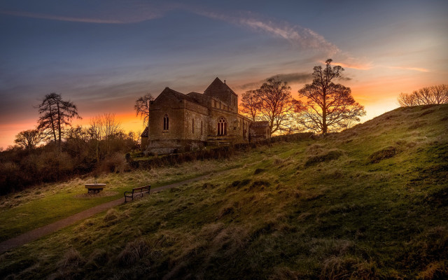 Castle hill sunset trees bench free wallpaper for desktop - medium preview image