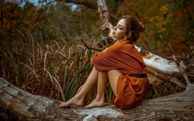 Woman forest autumn romanticism barefoot free wallpaper for desktop - medium preview image