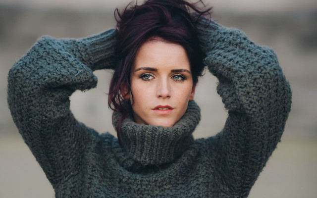 Red haired woman green sweater free wallpaper for desktop - medium preview image