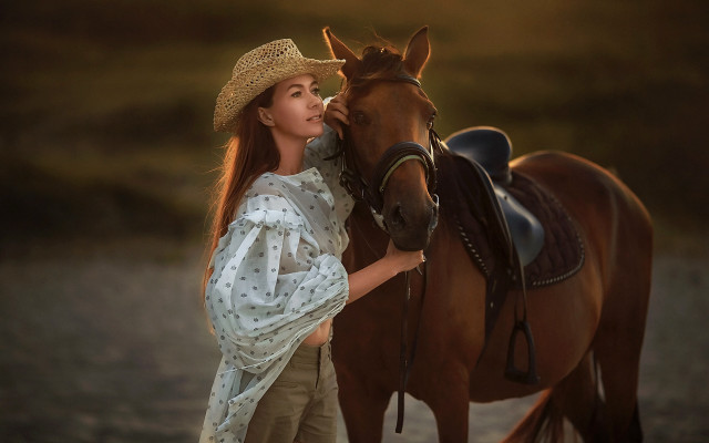 Woman hat petting horse dirt free wallpaper for desktop - medium preview image