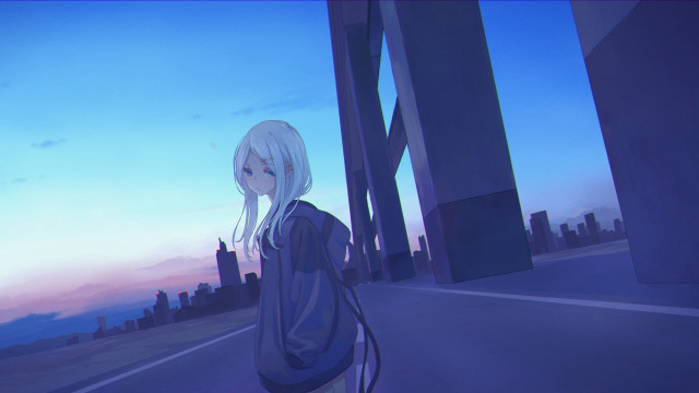 Anime girl city sunset skyline free wallpaper for desktop - medium preview image