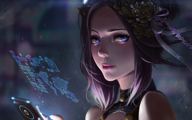 Blue eyes woman holding phone free wallpaper for desktop - medium preview image