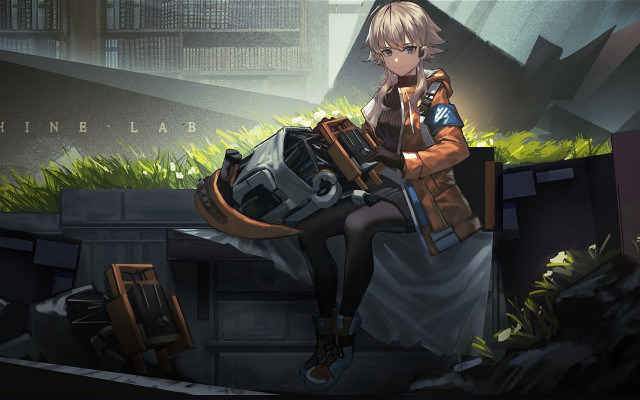 Futuristic woman sitting ledge gun free wallpaper for desktop - medium preview image